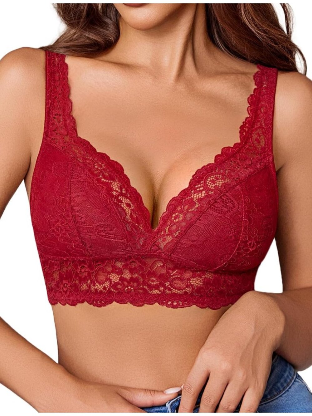 🆕Women's Red Lace Braclettes V Neck Wireless Bras Unlined Basic Comfy